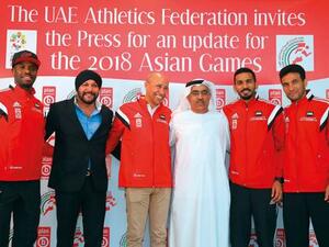 UAE national team Coach Said Aouita (third from left) with Ahmad Al Kamali, President of UAE Athletics Federation and Harmeek Singh, chairman and founder of Plan-B group with leading UAE athletes. (Photo: Gulf Times)