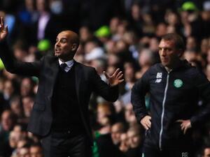 مدرب سيلتك بريندان رودجرز (يمين) وبيب غوارديولا المدير الفني لمانشستر سيتي