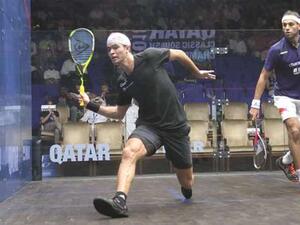 Diego Elias of Peru (front) in action against top seed Mohamed Elshorbagy of Egypt in the quarter-finals of the Qatar Classic yesterday. The Peruvian advanced to the last 4 with an upset victory. (Photo: Gulf Times)