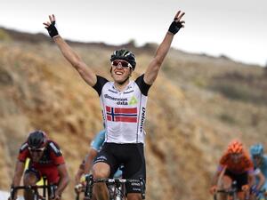 Novegian Edvald Boasson Hagen of Dimension Data team celebrates on the finish line as he wins the second stage of seventh cycling Tour of Oman between the Omantel head office on the outskirts of Muscat and Qurayyat on February 17, 2016.
Eric Feferberg / AFP