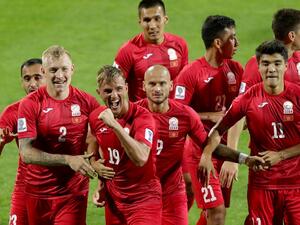 Kyrghyzstan's forward Vitalij Lux (2nd-L) celebrates with his teammates after scoring a goal during the 2019 AFC Asian Cup group C match between Kyrgyzstan and Philippines at Maktoum Bin Rashid Al-Maktoum Stadium in Dubai on January 16, 2019.
AFP