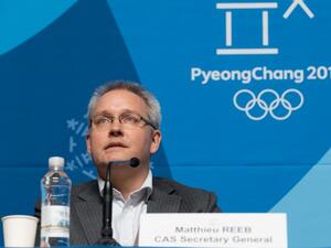 Matthieu Reeb, secretary general of the Court of Arbitration for Sport (CAS), announces the court's decision regarding dozens of Russian athletes banned for doping, in Pyeongchang on February 1, 2018. The Court of Arbitration for Sport on February 1 lifted life bans on 28 of the 43 Russians accused of doping at the 2014 Sochi Winter Olympics.
François-Xavier MARIT / AFP