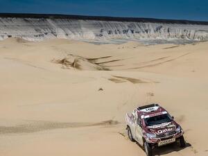 Nasser Saleh Al-Attiyah crosses the stunning Kazakh dunescapes at Rally Kazakhstan Wednesday. (AN photo)
