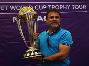 Pakistani cricketer Moin Khan holds the 2019 ICC Cricket World Cup trophy during a country tour event in Karachi on October 7, 2018. The 2019 Cricket World Cup is the scheduled to be hosted by England and Wales from 30 May to 14 July 2019.
RIZWAN TABASSUM / AFP
