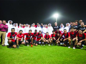 Al Rayyan football players, coaches and club members pose with Supreme Committee for Delivery & Legacy officials at the launch of the new training facilities at Al Rayyan Sports Club (Photo: Gulf Times)