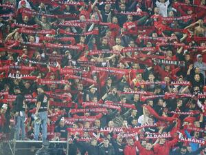 Albanian fans cheer during the World Cup 2018 qualifier football match Albania vs Spain in Loro Borici stadium in the city of Shkoder on October 9, 2016.
GENT SHKULLAKU / AFP