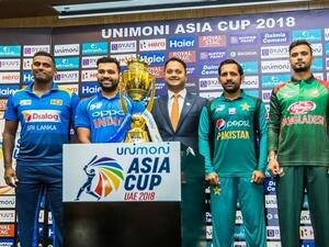 Anshuman Rath, Angelo Mathews, Rohit Sharma, Binay Shetty, Executive Director, Finablr, Sarfraz Ahmed, Mashrafe Mortaza and Asghar Stanikzai attended the unveiling of the Unimoni Asia Cup 2018 at the Dubai International Cricket Stadium on Friday. (Photo: Khaleej Times)