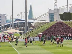 Bayern Munich players during their training session at the Aspire Zone yesterday. Bayern coach Carlo Ancelotti addressing the media. (Photo: Gulf Times)