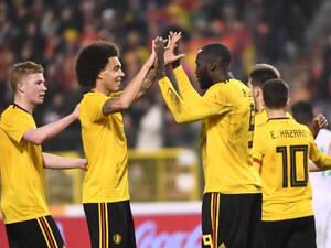 Belgium's forward Romelu Lukaku (3rdR) celebrates with Belgium's midfielder Axel Witsel (2ndL) and Belgium's midfielder Kevin De Bruyne (L) after scoring his second goal during a friendly international match between Belgium and Saudi Arabia at the King Baudouin stadium in Brussels on March 27, 2018.
Emmanuel DUNAND / AFP