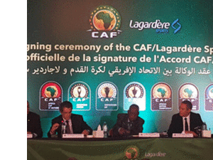 Official signing ceremony of the CAF/Lagardére sports agreement featuring CAF President Issa Hayatou (Photo: @CAF_Online)