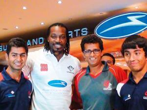 West Indies legendary batsman Chris Gayle with coach Gopal Jasapara (third from left) and G Force Academy’s players Shorye Chopra and Kartik Shekar. (Photo: Gulf News)