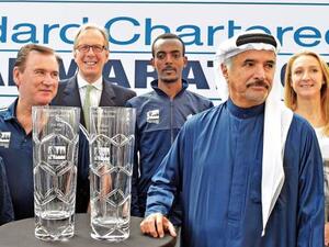 From left: Peter Connerton, event director, Julian Wynter, CEO, Standard Chartered Bank, defending men’s champion Tamirat Tola, Saeed Hareb, Secretary General of Dubai Sports Council and women’s marathon world record holder Paula Radcliffe at the pre-event press meet for the Standard Chartered Dubai Marathon 2018. (Photo: Pankaj Sharma/Gulf News)