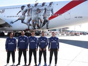 (L-R) Real Madrid players Marcelo, Karim Benzema, Cristiano Ronaldo, Sergio Ramos and Gareth Bale in front of the new Real Madrid Emirates A380 decal
(Photo: Khaleej Times)