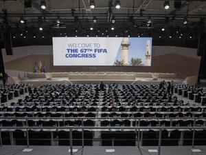 A picture taken on May 11, 2017 in the Bahraini capital Manama shows the conference hall of the 67th FIFA Congress.
JACK GUEZ / AFP