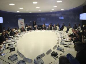 French Interior Minister Bernard Cazeneuve (C) attends a meeting during the opening of the Interministerial crisis centre opened for the entire Euro 2016 football championship in the Interior Ministry in Paris on June 10, 2016. France vowed drastic measures to prevent strikes disrupting Euro 2016 as Europe's showcase football event kicks off on Friday in a gloomy atmosphere worsened by terror fears.
Jacques DEMARTHON / AFP
