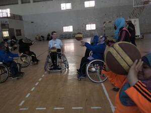 US coach Jess Markt (C-L) leads a class during a wheelchair basketball coaching session for Palestinian women in Khan Younis in the southern Gaza strip on May 28, 2016. More than 75,000 Gazans out of a population of 1.9 million are physically or visually disabled, according to the ICRC. Of those, a third were wounded by war. Paralympic teams are being slowly created, and the ICRC has provided 70 wheelchairs to eight teams this year.
SAID KHATIB / AFP