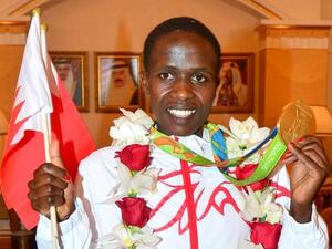 Ruth Jebet is felicitated after she arrives in Bahrain following her achievements in Rio and Paris (Photo: BNA)
