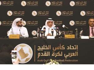Jassim al-Rumaihi (centre), general secretary of the Arab Gulf Cup Football Federations (AGCFF), and Hamid Alshaibani (right), chairman of the competitions committee, address the press conference after the Gulf Cup draw ceremony yesterday. (Photo: Gulf Times)