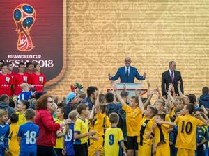 Russian President Vladimir Putin and FIFA President Gianni Infantino (L) attend the ceremony for the opening of the FIFA World Cup Trophy tour at Luzhniki stadium in Moscow on September 9, 2017.
Mladen ANTONOV / AFP