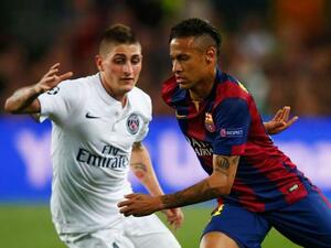 نيمار (يمين) وفيراتي خلال لقاء الفريقين في دوري أبطال أوروبا الموسم الماضي