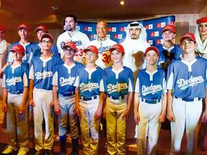 Adrian Gonzalez (centre) and Dave Roberts during the official press conference to announce a new Emirates sponsorship at Emirates Group Headquarters. (Photo: Arshad Ali/Gulf News )