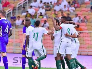 The Saudi Arabia players celebrate one of their goals against Moldova. (Photo: @SaudiFF)