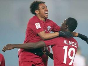Qatar's Almoez Ali (right) and Hisham Ali celebrate during their team's quarter-final match against Palestine in the Asian U23 Championship in Changzhou, China, Friday. Almoez scored two goals and Hisham added a third as Qatar defeated Palestine 3-2 in a thrilling game to qualify for the semi-finals. (Photo: Gulf Times)