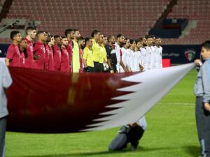 Qatar's and Yemen's starting eleven pose for a group picture ahead of the 2017 Gulf Cup of Nations football match between Qatar and Yemen at the Sheikh Jaber al-Ahmad Stadium in Kuwait City on December 23, 2017.
Yasser Al-Zayyat / AFP