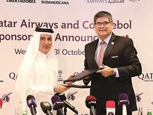 Qatar Airways Group Chief Executive, Akbar al-Baker, and the Secretary-General from CONMEBOL, José Manuel Astigarraga, sealing the sponsorship agreement yesterday. (Photo: Gulf Times)
