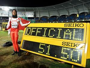 Salwa Eid Naser of Bahrain celebrates winning the Girls 400 Meters Final on day three of the IAAF World Youth Championships, Cali 2015 on July 17, 2015 at the Pascual Guerrero Olympic Stadium in Cali, Colombia. Buda Mendes/Getty Images for IAAF/AFP
Buda Mendes / GETTY IMAGES NORTH AMERICA / AFP