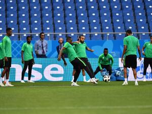 Saudi Arabia's national team players take part in a training session at the Rostov Arena in Rostov-On-Don on June 19, 2018, on the eve of the Russia 2018 World Cup Group A football match between Saudi Arabia and Uruguay.
JOE KLAMAR / AFP