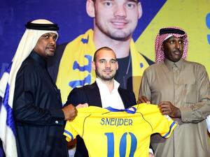 Dutch player Wesley Sneijder gives a press conference in Doha as he was officially unveiled by Al-Gharafa football team on January 8, 2018, after signing an 18-month contract with the mid-table Qatari side .
STRINGER / AFP