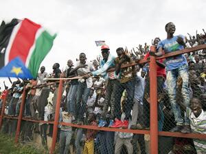 South Sudan's fans cheer after South Sudan scored a second goal during their first round African Nations Championship qualifying football match against Somalia at Juba Football Stadium on April 30, 2017.
Albert Gonzalez Farran / AFP