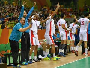 Tunisia celebrates scoring during the men's preliminaries Group A handball match Tunisia vs Qatar for the Rio 2016 Olympics Games at the Future Arena in Rio on August 11, 2016.
Ed JONES / afp