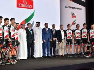 UAE cycling team are seen with the organizers and sponsors during the media launch at the Crown Plaza, Yas Island, Abu Dhabi on Tuesday (Photo: Gulf News)