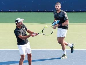 UAE’s Omar Behroozian (left) and his doubles partnerAmirvala Madanchi in action at this year’s Dubai Duty Free Tennis Championships. (Photo: Ahmed Ramzan/ Gulf News)