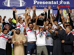 Zamalek's players celebrate after winning the Egyptian Super Cup football match against Al-Ahly, on February 10, 2017, at Sheikh Mohammed Bin Zayed stadium in Abu Dhabi.
KARIM SAHIB / AFP