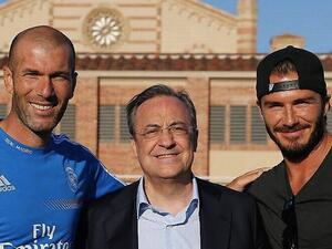 صورة أرشيفية لبيكهام (يمين) وبيريز (وسط) وزيدان