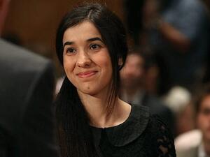 human rights activist Nadia Murad arrives at a Senate Homeland Security and Governmental Affairs Committee hearing on Capitol Hill in Washington, DC. (AFP/File)