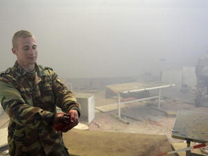 An extra taking part in an exercise during the education of OPCW (Organisation for the Prohibition of Chemical Weapons) inspectors at the German army Bundeswehr training area in Wildfelecken, southern Germany. 