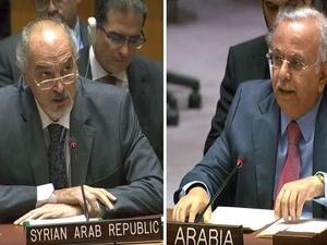 السفيران في الأمم المتحدة السعودي عبد الله المعلمي ونظيره السوري بشار الجعفري الرد