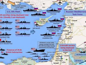خارطة تظهر إنتشار البوارج والمدمرات الروسية والامريكية في منطقة البحر المتوسط
