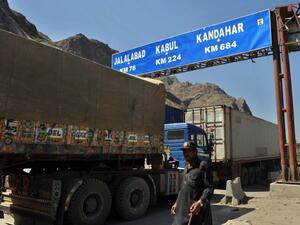 A truck passes through the contested Torkham border. (AFP/File)