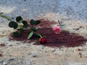 This file photo taken on March 19, 2015 shows roses on bloodstains in front of the National Bardo Museum in Tunis during a demonstration in solidarity with the victims of an attack on the museum on March 18, 2015 killing 21 people. (AFP/Fadel Senna)