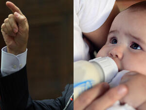 Left: President Recep Tayyip Erdogan's hand. (AFP); Right: Baby (AFP/LEO RAMIREZ)