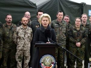 German Defence Minister Ursula von der Leyen gives a statement to the media during a visit of the German Armed Forces Bundeswehr at the air base in Incirlik, Turkey, on January 21, 2016. (AFP)