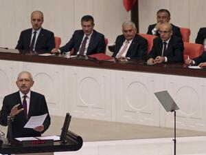 Turkey's main opposition leader Kemal Kilicdaroglu speaks during a special debate of the General Assembly on the anniversary of the coup attempt (Adem Altan/AFP)