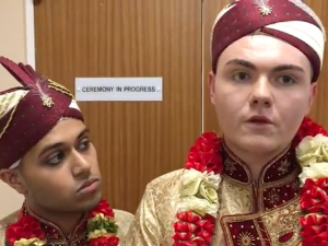Jahed Choudhury, aged 24, from Darlaston, held a public ceremony with his partner Sean Rogan, 19, in order to show "that you can be gay and Muslim". (YouTube) 
