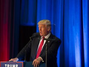 Republican candidate for President Donald Trump is seen through a teleprompter as he holds a campaign event at the Kilcawley Center at Youngstown State University on August 15, 2016 in Youngstown, Ohio. (AFP/Jeff Swensen)