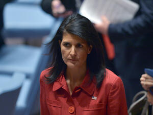 US Ambassador to the United Nations, Nikki Haley, at a Security Council meeting on 7 April 2017. (AFP/Jewel Samad)